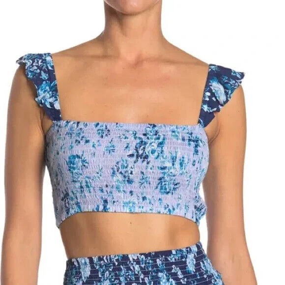 Nanette Lepore Suzie Blue Floral Smocked Ruffle Crop Top Sleeveless Women's L - Picture 2 of 6